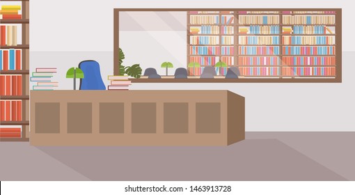 Modern Library Reception Interior Empty No People Bookstore With Bookshelves And Wooden Furniture Flat Horizontal