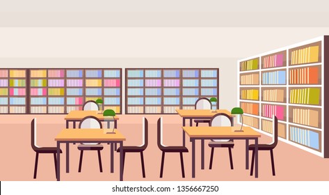 modern library study area bookshelves with books empty no people reading room interior workplace desks education knowledge concept flat horizontal