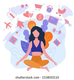 Modern life concept. Girl in meditation pose with simple style icons symbolizing cares and duties of the modern woman. Flat cartoon illustration
