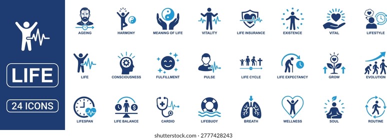 Modern life concept icon set representing human existence, wellness, and personal growth. Includes lifespan, vitality, soul, harmony, pulse, life insurance, balance, consciousness, evolution, and lifestyle icons. Clean solid vector design perfect for health, wellness, coaching, and motivational content.