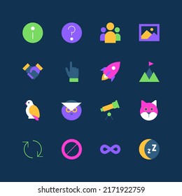 Modern life - set of flat design style neon icons isolated on dark background. Images of information and question mark, group of people, handshake, project start, goal, data exchange, bird and animal
