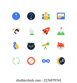 Modern life - set of flat design style elements isolated on white background. Images of information and question mark, group of people, handshake, project start, goal, data exchange, birds and animals