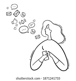 Modern life with a smartphone, hand drawn. Young woman with phone look at notifications. Phone symbols, calls, messages, likes. Hand drawn girl holding a phone