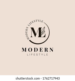 Modern Lifestye ML Logo Letter with Leafs in in L Letter and Half Circle Luxury and Beautiful Logo Design Template