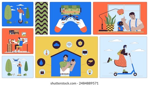 Modern lifestyle bento grid illustration set. Cool devices daily life 2D vector image collage design graphics collection. Multicultural people with gadgets flat characters moodboard layout