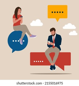 Modern lifestyle. Businessman and young woman use smartphone chatting online or scrolling social networks feed and sits on text bubble.