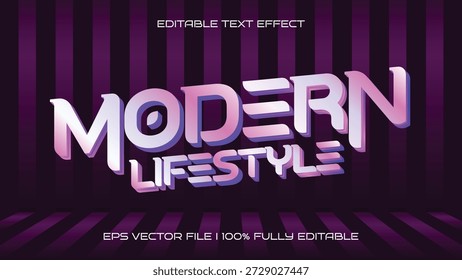 Efeito de texto editável estilo de vida moderno com estilo cromado 3D e fundo listrado roxo