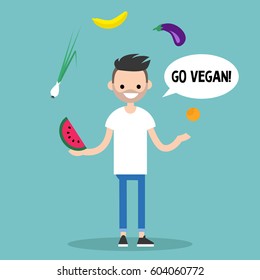Modern lifestyle. Go vegan. Young bearded man juggling fruits and vegetables / flat editable vector illustration, clip art