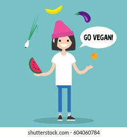 Modern lifestyle. Go vegan. Young character juggling fruits and vegetables / flat editable vector illustration, clip art
