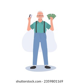 Modern Lifestyle of Mature Shopper concept. Illustration of Confident Elderly man with Credit Card. Flat vector cartoon illustration