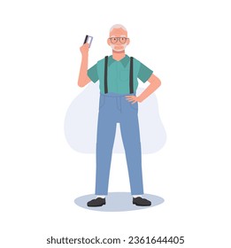 Modern Lifestyle of Mature Shopper concept. Illustration of Confident Elderly man with Credit Card. Flat vector cartoon illustration