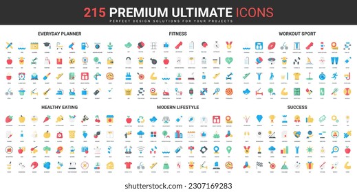 Modern lifestyle and sport workout color flat icons set vector illustration. Abstract symbols of daily healthy food and fitness planner application, success diet simple design for mobile and web apps