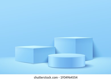 Modern light blue cube and cylinder step pedestal podium with empty room background. Abstract vector rendering 3d shape for cosmetic products presentation. Pastel minimal scene studio room.