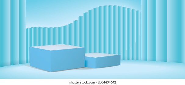 Modern light blue cube podium with pastel background. Vector illustration