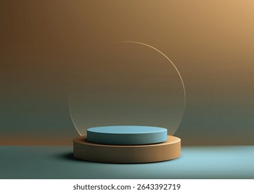 modern light blue cylindrical podium with tan base and translucent circular arch against a warm teal to bronze gradient background, product display, mockup, or showroom presentations