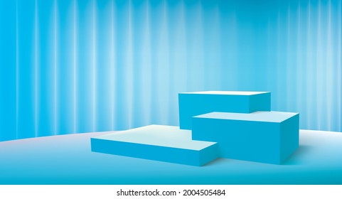 Modernos podos geométricos azul claro con fondo neón y color pastel. Resumen de la forma 3D de representación vectorial para la presentación de productos publicitarios.