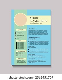 A modern light blue and green resume template with key sections for contact, skills, experience, and education. Ideal for professionals.