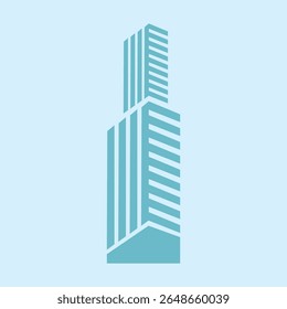 Moderno edifício de arranha-céus azul claro com design de janela alongada e estilo isométrico, adequado para a cidade, arquitetura, construção e ilustrações de escritório modernas.