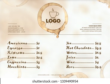 Modern light brown grunge coffee restaurant menu template with two columns design layout and nice typography