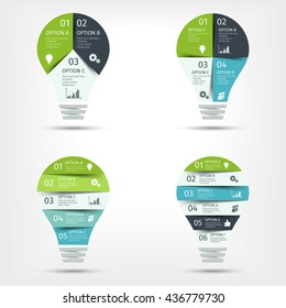 Modern light bulb infographic set. Business concept with 3 4 5 6 options, parts, steps or processes. Template for presentation, chart, graph. Vector illustration