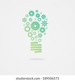 Modern light bulb vector icon. Yellow-green bulb. Mechanical light bulb with gears and cogs innovation concept. Vector illustration. Eps 10