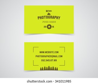 Modern light Business card template for nature photography studio. Unusual design. Corporate brand identity template with shutter logo, badge element. Photograph label. Realistic shadow. Vector.