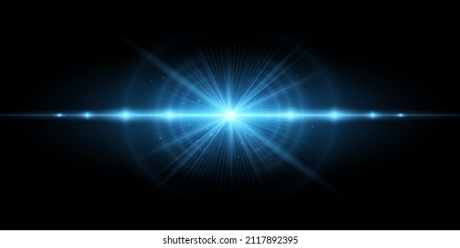 Efecto luminoso moderno aislado en el fondo negro. Vector brillante flash para su proyecto. La lente se enciende y resplandece. Rayos azules. Estrella de explosión con chispas. EPS 10