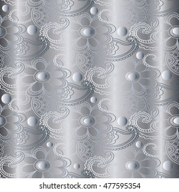 Modern light  floral vector seamless pattern background wallpaper with volumetric vintage flowers and paisley ornaments. Luxury illustration .3d decor elements with shadow and highlights