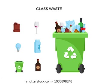 Modern Light Green Recycle Glass Waste Garbage Bin And Trash Object Illustration Set, Suitable For Illustration, Book Graphics, Icons, Game Asset, And Other Recycle Related Activities.