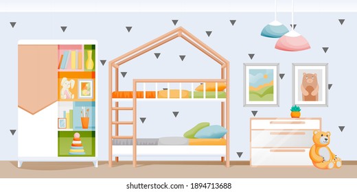 Modern light kids bedroom with bunk bed, wardrobe and toys. Children playroom interior. Vector flat cartoon illustration. Contemporary home background. House furniture design elements