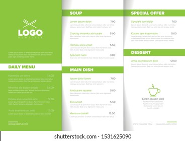 Modern light minimalistic restaurant menu template with three columns design layout, green accent and nice typography