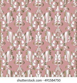 Modern light pink  baroque damask vintage vector seamless pattern background illustration.with 3d antique floral medieval baroque  gold 3d flowers and ornaments.