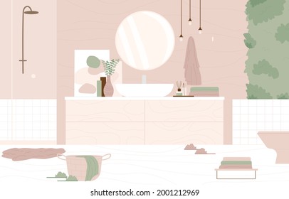 Modern light pink bathroom interior design with furniture and hygiene accessories. Flat cartoon vector inhouse illustration.