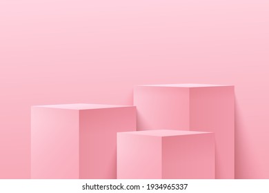 Modern light pink cube step pedestal podium with empty room background. Abstract vector rendering 3d shape for cosmetic products display presentation. Pastel minimal scene studio room.