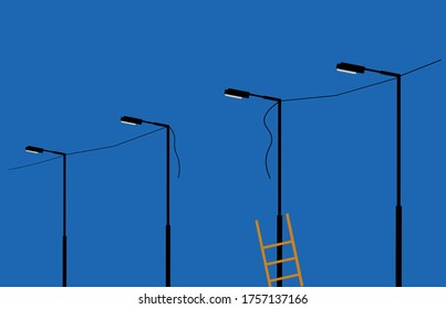 modern light poles/lamp stands on a blue sky background, street lamps with the light spots and electric break wire, yellow single ladder to repair break wire, vector illustration