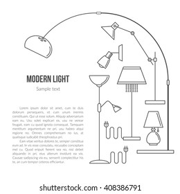 Modern light - vector background with text place. Monochrome renovation illustration with different kinds of torches. Interior design backdrop.