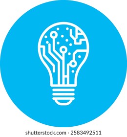 A modern Lightbulb with Circuits icon in clean white on a light Cambridge blue background. Minimalist and futuristic, symbolizing innovation, technology, and smart ideas in a sleek design.