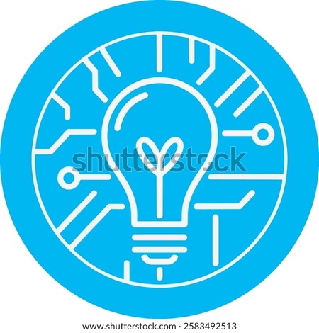 A modern Lightbulb with Circuits icon in clean white on a light Cambridge blue background. Minimalist and futuristic, symbolizing innovation, technology, and smart ideas in a sleek design.
