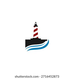 Modern Lighthouse Logo with Blue Waves	