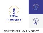 Modern lighthouse logo icon design with ocean waves and sun rays