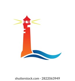 Modern lighthouse logo with ocean waves representing guidance, safety, navigation, coastal tourism, and maritime branding