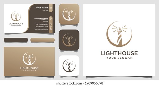 Modern Lighthouse Searchlight Tower Island with Swoosh Concept Simple Line Art Style Logo Design.