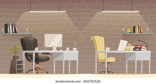 Modern lighting design solutions for offices comfortable and creative workspace environment cartoon poster brick wall background vector illustration 