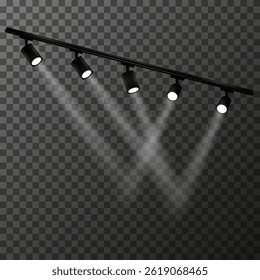 Moderno sistema de iluminación con cinco focos sobre fondo transparente. Diseño minimalista. El haz de luz se dirige hacia abajo, creando una sensación de profundidad. Ilustración vectorial EPS10.