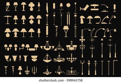Modern Lightning Standing, Chandelier, Table, wall and pole Lamps energy furniture supply. Architecture interior and outdoor electric design equipment elements. vector