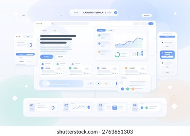 Modern light-themed UI dashboard illustration featuring various interface elements, charts, graphs, and pricing tables for a SaaS landing page template.
