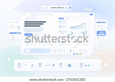 Modern light-themed UI dashboard illustration featuring various interface elements, charts, graphs, and pricing tables for a SaaS landing page template.