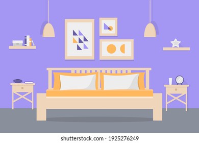 Modern lilac orange bedroom interior with furniture. Empty bedroom concept. Vector flat cartoon graphic design illustration with shadows. Family bedroom.