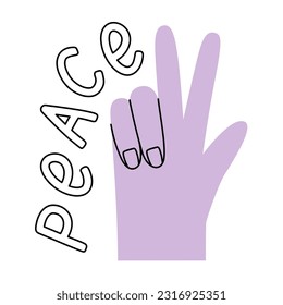 Modern lilac sticker with hand gesture and peace messege.Vector illustration in a cute flat style