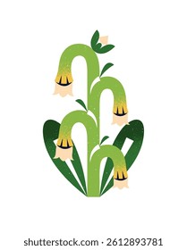 Modern lily of the valley with abstract geometric shape. Whimsical May bells, bloom meadow plant with little buds, green leaves. Floral decor. Flat isolated vector illustration on white background